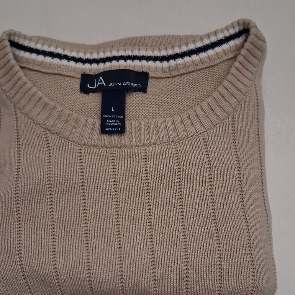 John Ashford Men's L Beige 100% Cotton Tight-Knit Crewneck Pullover Sweater
